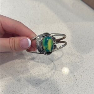 Silver Bracelet with Green and Yellow Stone